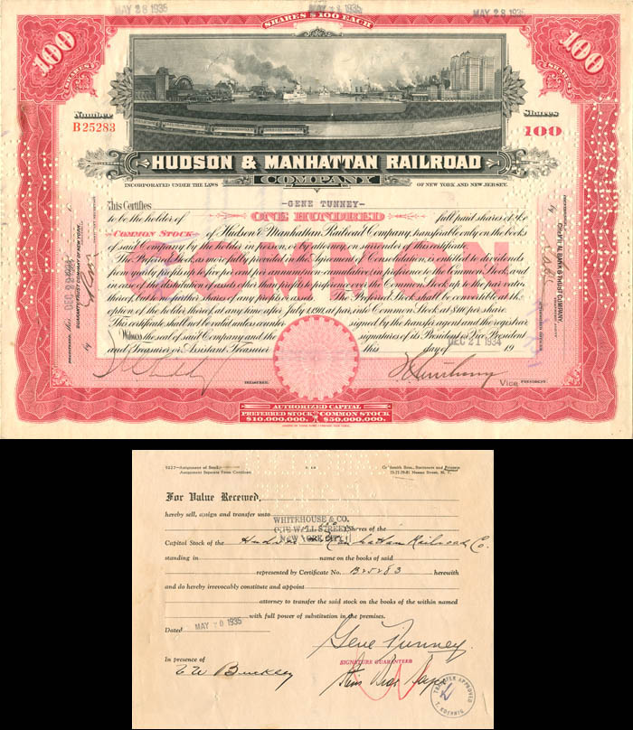 Hudson and Manhattan Railroad signed by Gene Tunney